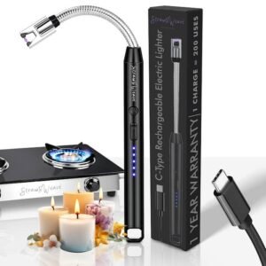 C-Type rechargeable electric lighter with a flexible neck, charging cable, and box, placed next to candles and a gas stove.
