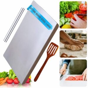 Large stainless steel chopping board with rolling pin and spatula in the kitchen